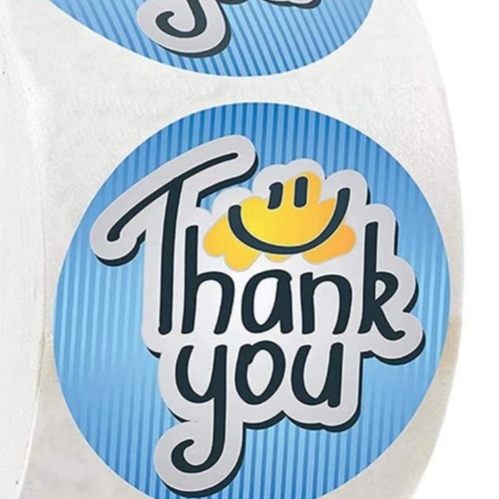 100 THANK YOU Stickers Blue Smiley 1"